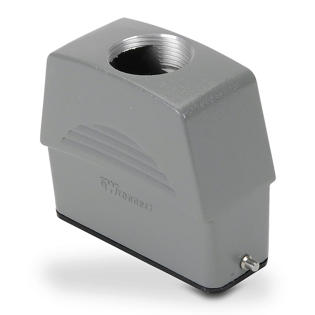 ZP-MC16A-2-STE21ML - ZIPport hood housing, 2-peg, top entry, connector housing size 16A, (1) Pg 21 threaded hole, high construction, gray, heavy-duty die cast aluminum. For use with ZIPport size 16A single lever connector housings.
