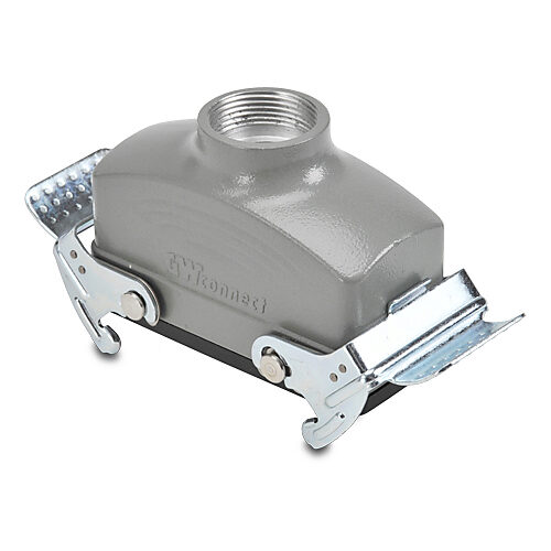 ZP-MC16B-2-DCP21M - ZIPport coupler housing, double lever, connector housing size 16B, (1) Pg 21 threaded hole, gray, heavy-duty die cast aluminum. For use with ZIPport size 16B 4-peg connector housings.