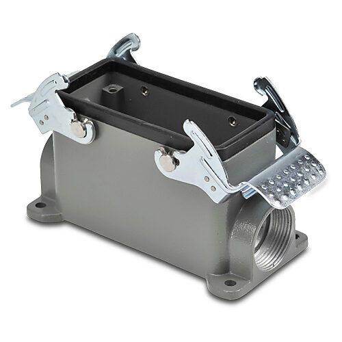 ZP-MC16B-2-DSM21M - ZIPport surface mount housing, double lever, connector housing size 16B, (2) Pg 21 threaded holes, gray, heavy-duty die cast aluminum. For use with ZIPport size 16B 4-peg connector housings.