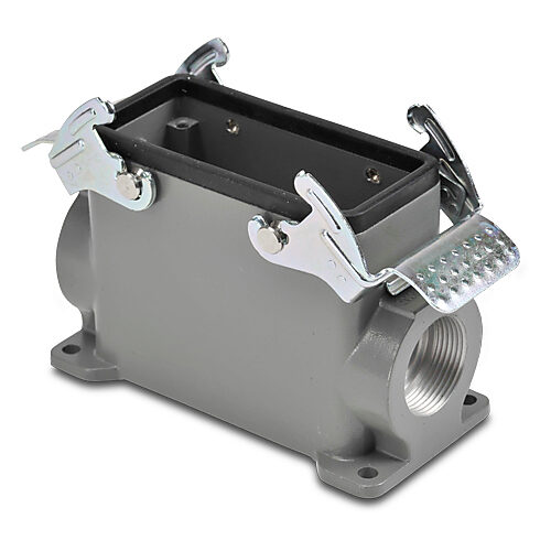 ZP-MC16B-2-DSM21ML - ZIPport surface mount housing, double lever, connector housing size 16B, (2) Pg 21 threaded holes, high construction, gray, heavy-duty die cast aluminum. For use with ZIPport size 16B 4-peg connector housings.