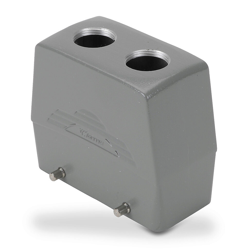 ZP-MC16B-2-DTE16M2 - ZIPport hood housing, 4-peg, top entry, connector housing size 16B, (2) Pg 16 threaded holes, high construction, gray, heavy-duty die cast aluminum. For use with ZIPport size 16B double lever connector housings.