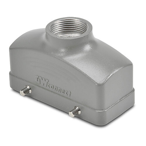 ZP-MC16B-2-DTE21M - ZIPport hood housing, 4-peg, top entry, connector housing size 16B, (1) Pg 21 threaded hole, gray, heavy-duty die cast aluminum. For use with ZIPport size 16B double lever connector housings.