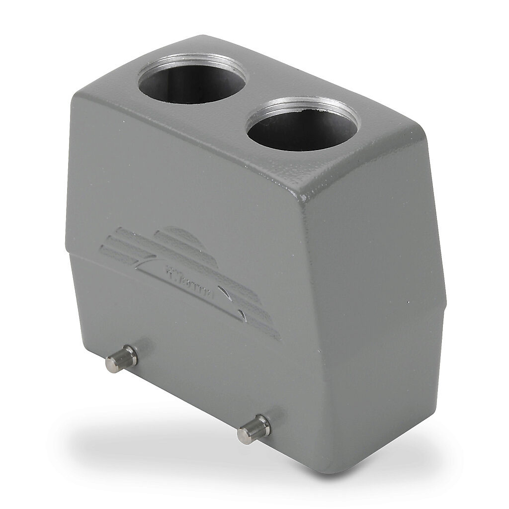 ZP-MC16B-2-DTE21M2 - ZIPport hood housing, 4-peg, top entry, connector housing size 16B, (2) Pg 21 threaded holes, high construction, gray, heavy-duty die cast aluminum. For use with ZIPport size 16B double lever connector housings.