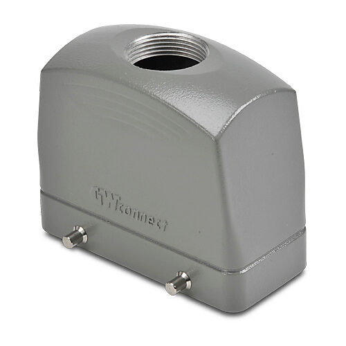 ZP-MC16B-2-DTE21ML - ZIPport hood housing, 4-peg, top entry, connector housing size 16B, (1) Pg 21 threaded hole, high construction, gray, heavy-duty die cast aluminum. For use with ZIPport size 16B double lever connector housings.