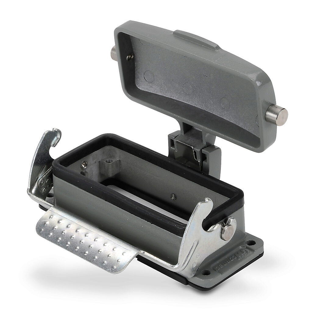 ZP-MC16B-2-SBHC - ZIPport bulkhead housing, single lever, standard cover, connector housing size 16B, gray, heavy-duty die cast aluminum. For use with ZIPport size 16B 2-peg connector housings.