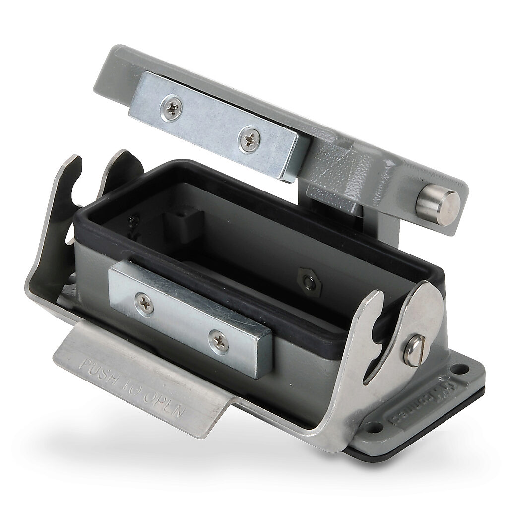 ZP-MC16B-2-SBHCA - ZIPport bulkhead housing, single lever, automatic closing cover, connector housing size 16B, gray, heavy-duty die cast aluminum. For use with ZIPport size 16B 2-peg connector housings.