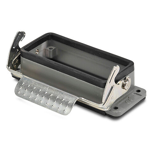 ZP-MC16B-2-SBHM - ZIPport bulkhead housing, single lever, connector housing size 16B, gray, heavy-duty die cast aluminum. For use with ZIPport size 16B 2-peg connector housings.