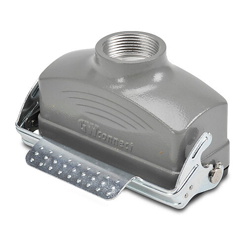 ZP-MC16B-2-SCP21M - ZIPport coupler housing, single lever, connector housing size 16B, (1) Pg 21 threaded hole, gray, heavy-duty die cast aluminum. For use with ZIPport size 16B 2-peg connector housings.