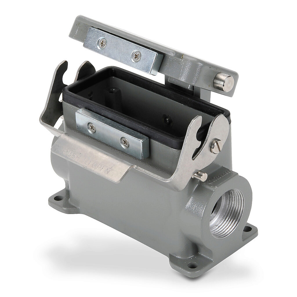 ZP-MC16B-2-SM21CAL - ZIPport surface mount housing, single lever, automatic closing cover, connector housing size 16B, (2) Pg 21 threaded holes, high construction, gray, heavy-duty die cast aluminum. For use with ZIPport size 16B 2-peg connector h...