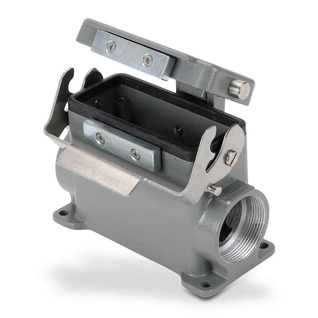 ZP-MC16B-2-SM29CAL - ZIPport surface mount housing, single lever, automatic closing cover, connector housing size 16B, (2) Pg 29 threaded holes, high construction, gray, heavy-duty die cast aluminum. For use with ZIPport size 16B 2-peg connector h...