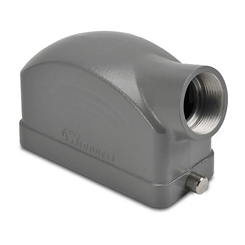 ZP-MC16B-2-SSE21M - ZIPport hood housing, 2-peg, side entry, connector housing size 16B, (1) Pg 21 threaded hole, gray, heavy-duty die cast aluminum. For use with ZIPport size 16B single lever connector housings.