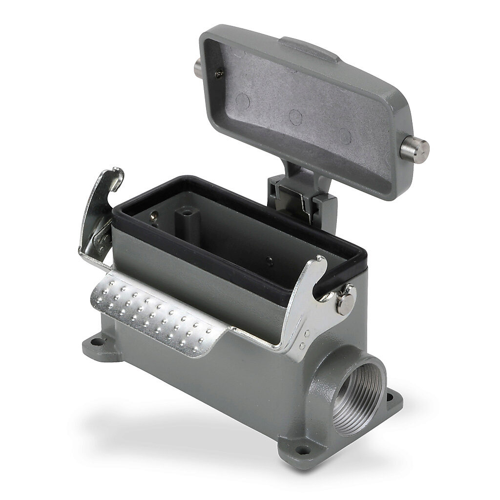 ZP-MC16B-2-SSM21C - ZIPport surface mount housing, single lever, standard cover, connector housing size 16B, (2) Pg 21 threaded holes, gray, heavy-duty die cast aluminum. For use with ZIPport size 16B 2-peg connector housings.