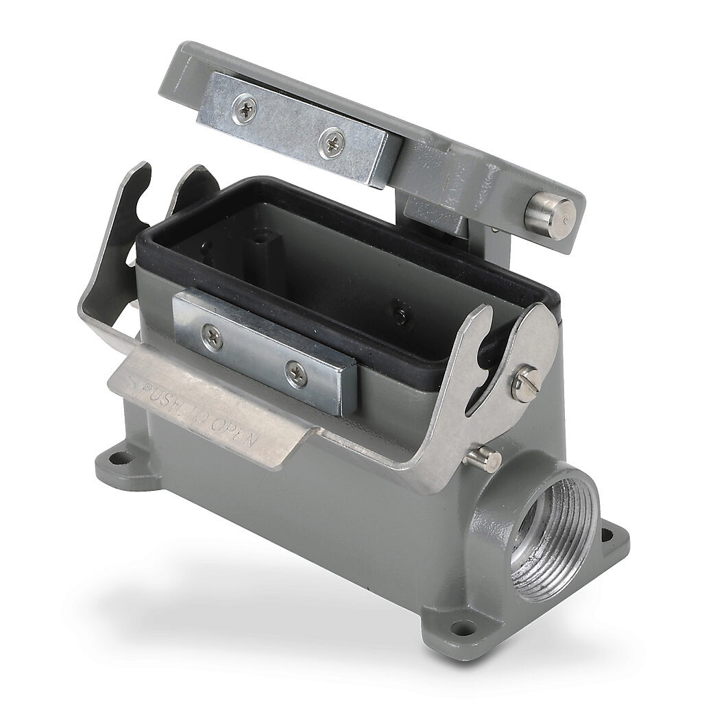 ZP-MC16B-2-SSM21CA - ZIPport surface mount housing, single lever, automatic closing cover, connector housing size 16B, (2) Pg 21 threaded holes, gray, heavy-duty die cast aluminum. For use with ZIPport size 16B 2-peg connector housings.