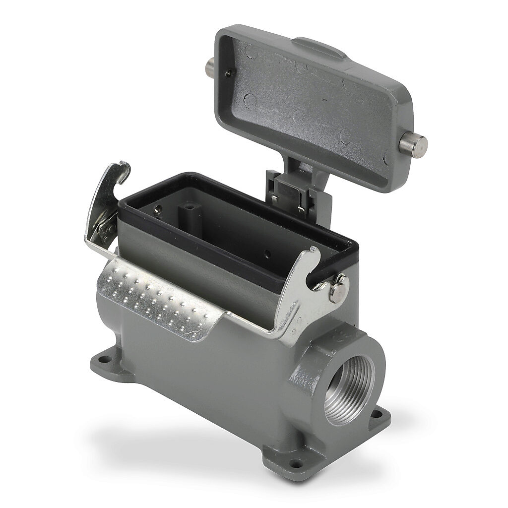ZP-MC16B-2-SSM21CL - ZIPport surface mount housing, single lever, standard cover, connector housing size 16B, (2) Pg 21 threaded holes, high construction, gray, heavy-duty die cast aluminum. For use with ZIPport size 16B 2-peg connector housings.