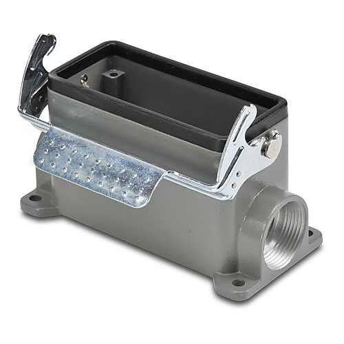 ZP-MC16B-2-SSM21M - ZIPport surface mount housing, single lever, connector housing size 16B, (2) Pg 21 threaded holes, gray, heavy-duty die cast aluminum. For use with ZIPport size 16B 2-peg connector housings.