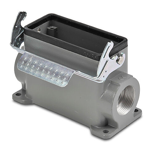 ZP-MC16B-2-SSM21ML - ZIPport surface mount housing, single lever, connector housing size 16B, (2) Pg 21 threaded holes, high construction, gray, heavy-duty die cast aluminum. For use with ZIPport size 16B 2-peg connector housings.