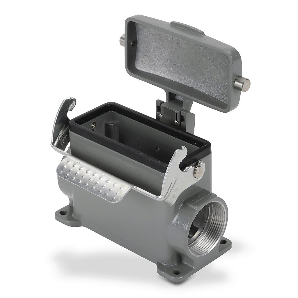 ZP-MC16B-2-SSM29CL - ZIPport surface mount housing, single lever, standard cover, connector housing size 16B, (2) Pg 29 threaded holes, high construction, gray, heavy-duty die cast aluminum. For use with ZIPport size 16B 2-peg connector housings.
