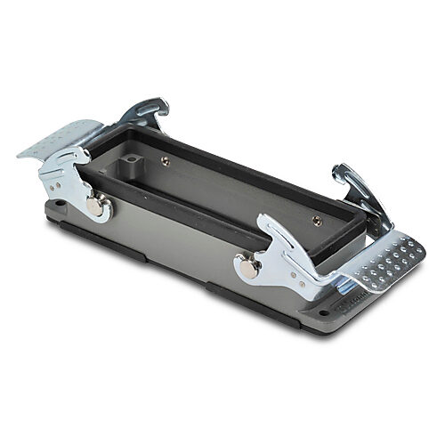 ZP-MC24B-2-DBHM - ZIPport bulkhead housing, double lever, connector housing size 24B, gray, heavy-duty die cast aluminum. For use with ZIPport size 24B 4-peg connector housings.