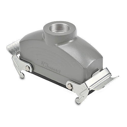 ZP-MC24B-2-DCP21M - ZIPport coupler housing, double lever, connector housing size 24B, (1) Pg 21 threaded hole, gray, heavy-duty die cast aluminum. For use with ZIPport size 24B 4-peg connector housings.