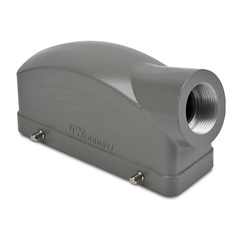 ZP-MC24B-2-DSE21M - ZIPport hood housing, 4-peg, side entry, connector housing size 24B, (1) Pg 21 threaded hole, gray, heavy-duty die cast aluminum. For use with ZIPport size 24B double lever connector housings.