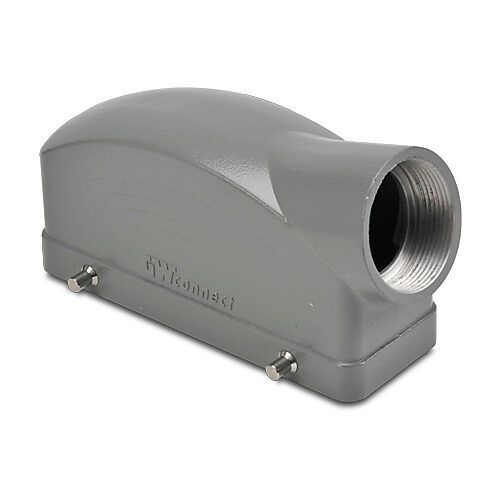 ZP-MC24B-2-DSE29M - ZIPport hood housing, 4-peg, side entry, connector housing size 24B, (1) Pg 29 threaded hole, gray, heavy-duty die cast aluminum. For use with ZIPport size 24B double lever connector housings.