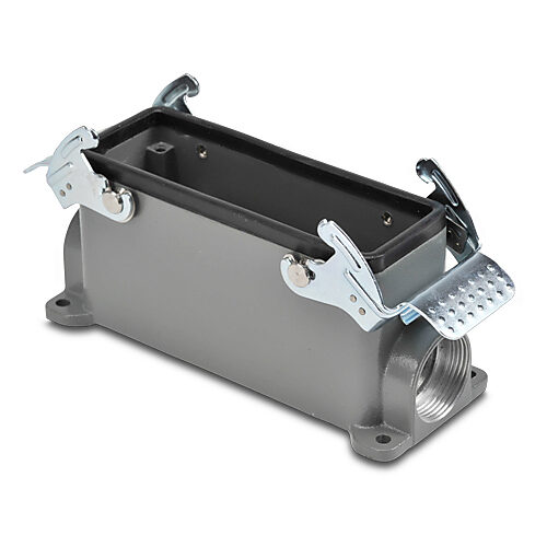 ZP-MC24B-2-DSM21M - ZIPport surface mount housing, double lever, connector housing size 24B, (2) Pg 21 threaded holes, gray, heavy-duty die cast aluminum. For use with ZIPport size 24B 4-peg connector housings.