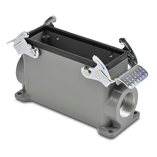 ZP-MC24B-2-DSM21ML - ZIPport surface mount housing, double lever, connector housing size 24B, (2) Pg 21 threaded holes, high construction, gray, heavy-duty die cast aluminum. For use with ZIPport size 24B 4-peg connector housings.