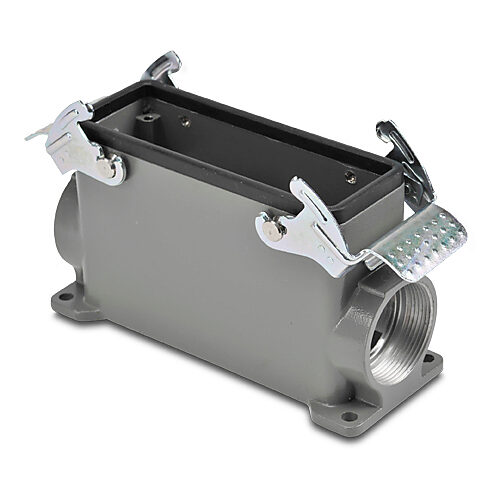 ZP-MC24B-2-DSM29ML - ZIPport surface mount housing, double lever, connector housing size 24B, (2) Pg 29 threaded holes, high construction, gray, heavy-duty die cast aluminum. For use with ZIPport size 24B 4-peg connector housings.
