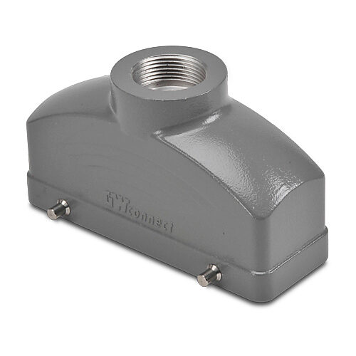 ZP-MC24B-2-DTE21M - ZIPport hood housing, 4-peg, top entry, connector housing size 24B, (1) Pg 21 threaded hole, gray, heavy-duty die cast aluminum. For use with ZIPport size 24B double lever connector housings.