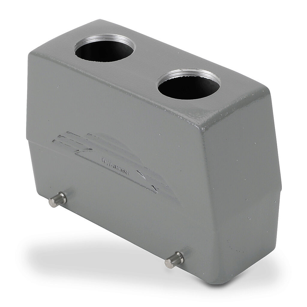 ZP-MC24B-2-DTE21M2 - ZIPport hood housing, 4-peg, top entry, connector housing size 24B, (2) Pg 21 threaded hole, high construction, gray, heavy-duty die cast aluminum. For use with ZIPport size 24B double lever connector housings.