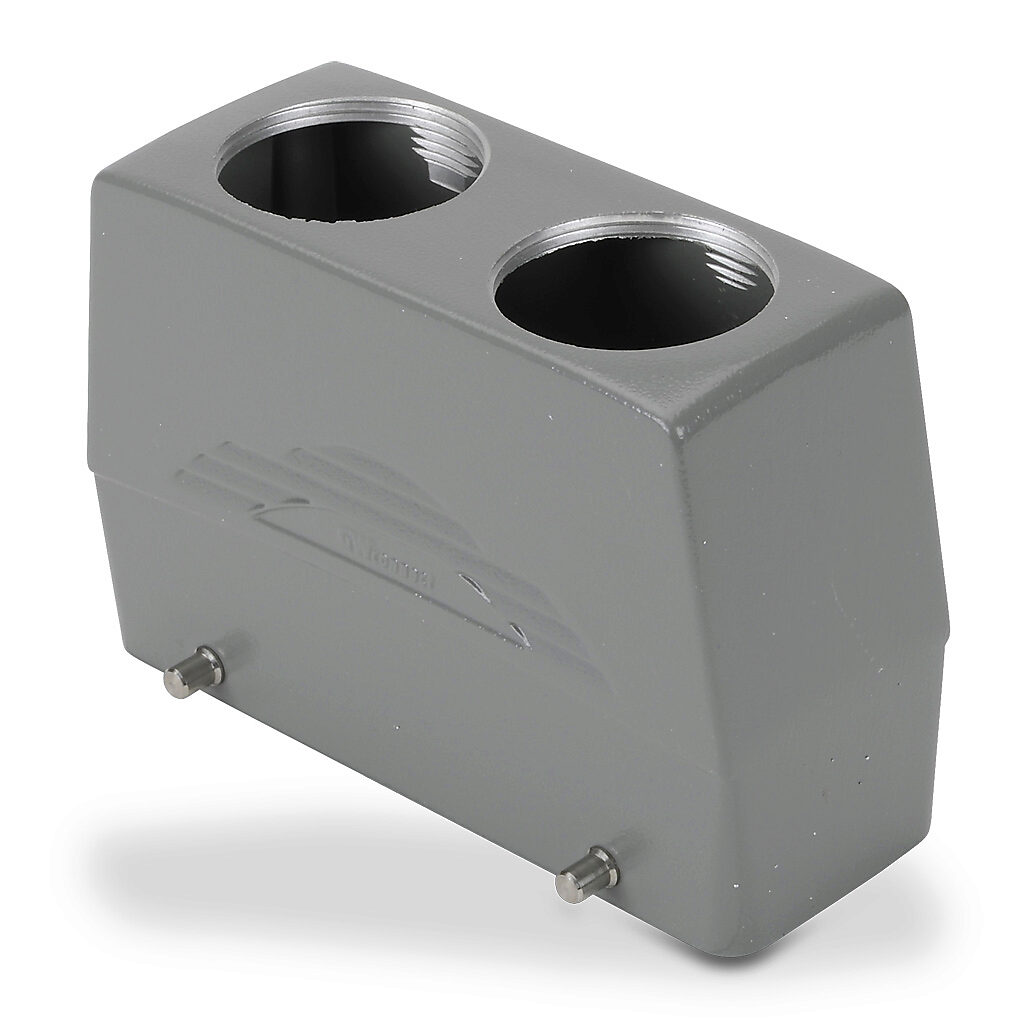 ZP-MC24B-2-DTE29M2 - ZIPport hood housing, 4-peg, top entry, connector housing size 24B, (2) Pg 29 threaded holes, high construction, gray, heavy-duty die cast aluminum. For use with ZIPport size 24B double lever connector housings.