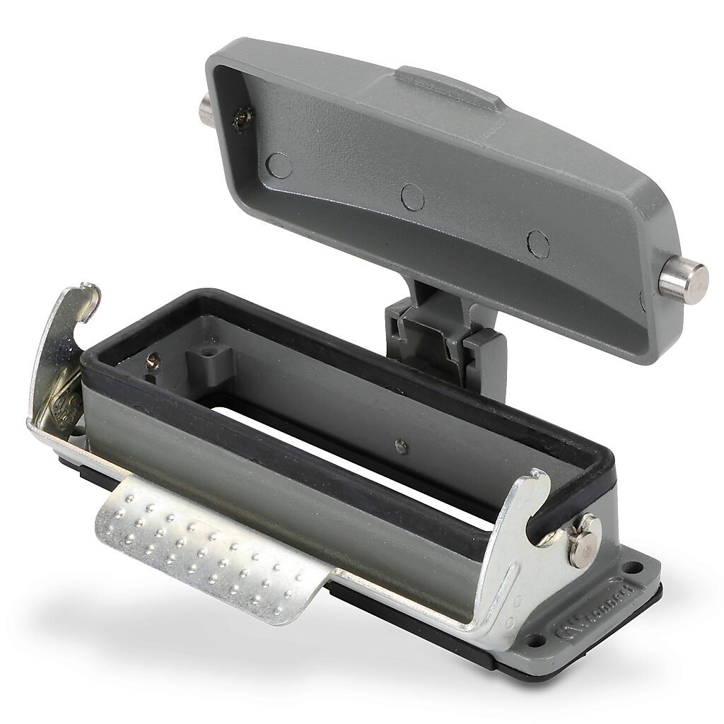 ZP-MC24B-2-SBHC - ZIPport bulkhead housing, single lever, standard cover, connector housing size 24B, gray, heavy-duty die cast aluminum. For use with ZIPport size 24B 2-peg connector housings.