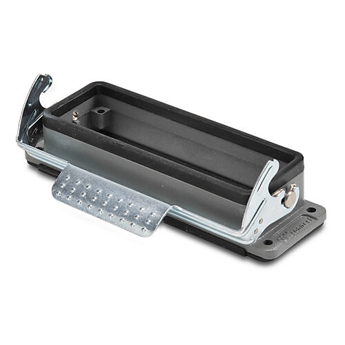 ZP-MC24B-2-SBHM - ZIPport bulkhead housing, single lever, connector housing size 24B, gray, heavy-duty die cast aluminum. For use with ZIPport size 24B 2-peg connector housings.