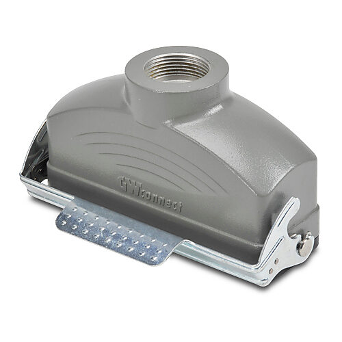 ZP-MC24B-2-SCP21M - ZIPport coupler housing, single lever, connector housing size 24B, (1) Pg 21 threaded hole, gray, heavy-duty die cast aluminum. For use with ZIPport size 24B 2-peg connector housings.