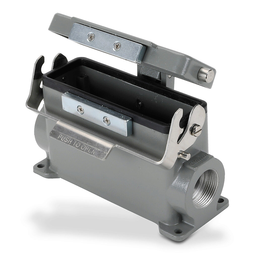 ZP-MC24B-2-SM21CAL - ZIPport surface mount housing, single lever, automatic closing cover, connector housing size 24B, (2) Pg 21 threaded holes, high construction, gray, heavy-duty die cast aluminum. For use with ZIPport size 24B 2-peg connector h...