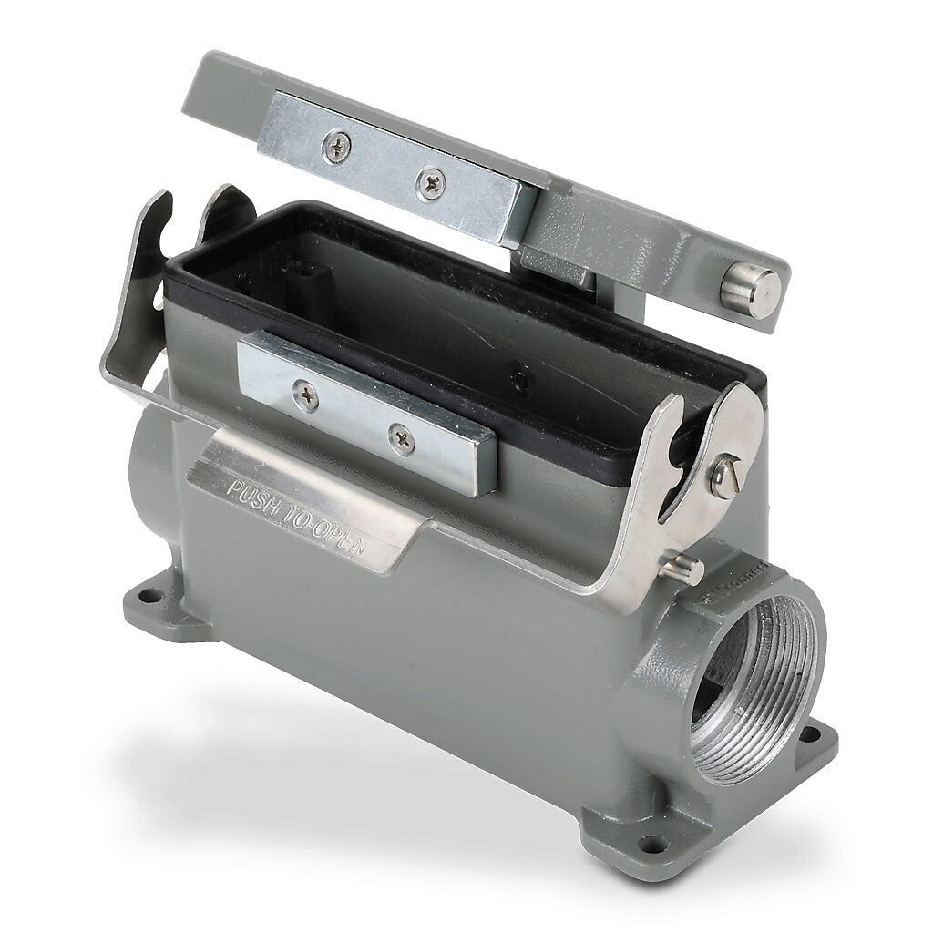 ZP-MC24B-2-SM29CAL - ZIPport surface mount housing, single lever, automatic closing cover, connector housing size 24B, (2) Pg 29 threaded holes, high construction, gray, heavy-duty die cast aluminum. For use with ZIPport size 24B 2-peg connector h...