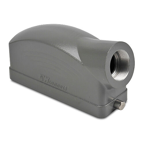 ZP-MC24B-2-SSE21M - ZIPport hood housing, 2-peg, side entry, connector housing size 24B, (1) Pg 21 threaded hole, gray, heavy-duty die cast aluminum. For use with ZIPport size 24B single lever connector housings.