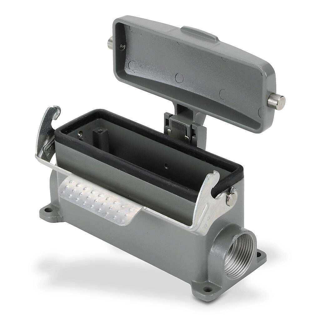 ZP-MC24B-2-SSM21C - ZIPport surface mount housing, single lever, standard cover, connector housing size 24B, (2) Pg 21 threaded holes, gray, heavy-duty die cast aluminum. For use with ZIPport size 24B 2-peg connector housings.