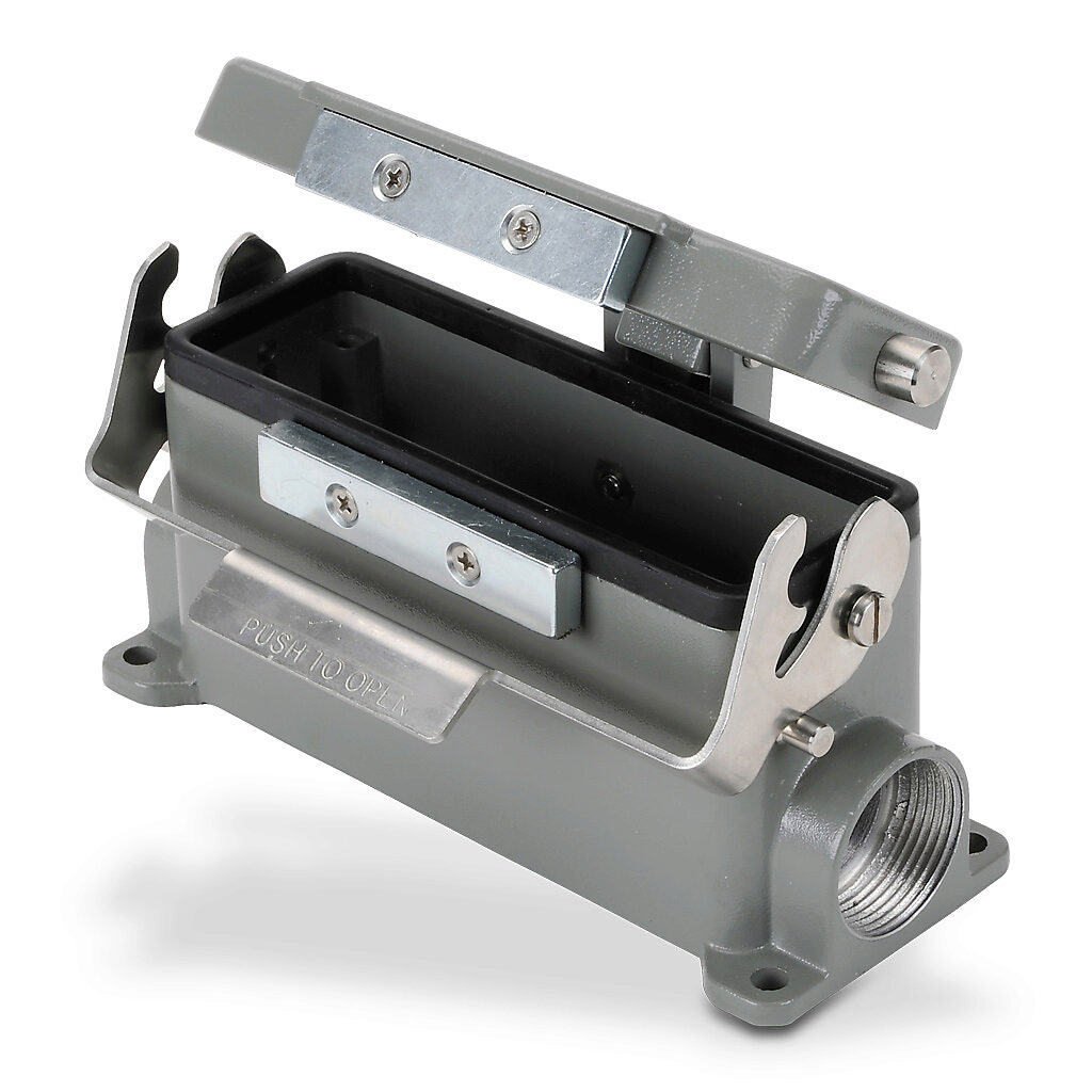 ZP-MC24B-2-SSM21CA - ZIPport surface mount housing, single lever, automatic closing cover, connector housing size 24B, (2) Pg 21 threaded holes, gray, heavy-duty die cast aluminum. For use with ZIPport size 24B 2-peg connector housings.