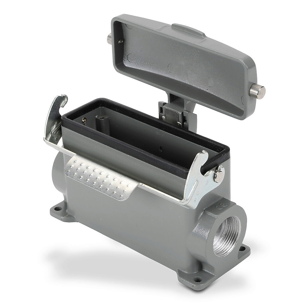 ZP-MC24B-2-SSM21CL - ZIPport surface mount housing, single lever, standard cover, connector housing size 24B, (2) Pg 21 threaded holes, high construction, gray, heavy-duty die cast aluminum. For use with ZIPport size 24B 2-peg connector housings.