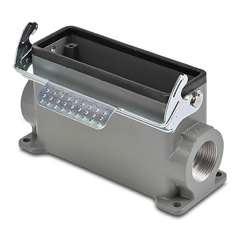 ZP-MC24B-2-SSM21ML - ZIPport surface mount housing, single lever, connector housing size 24B, (2) Pg 21 threaded holes, high construction, gray, heavy-duty die cast aluminum. For use with ZIPport size 24B 2-peg connector housings.