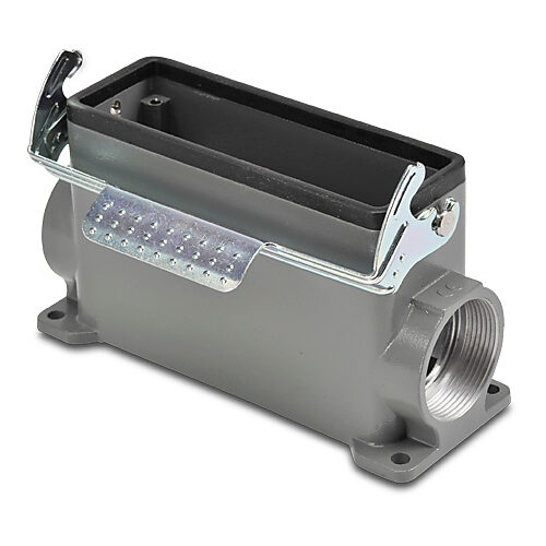 ZP-MC24B-2-SSM29ML - ZIPport surface mount housing, single lever, connector housing size 24B, (2) Pg 29 threaded holes, high construction, gray, heavy-duty die cast aluminum. For use with ZIPport size 24B 2-peg connector housings.