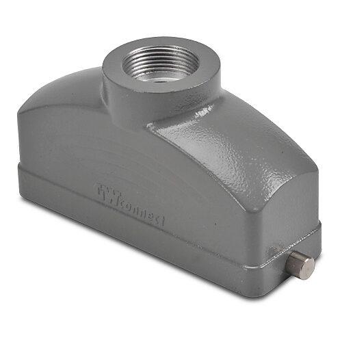 ZP-MC24B-2-STE21M - ZIPport hood housing, 2-peg, top entry, connector housing size 24B, (1) Pg 21 threaded hole, gray, heavy-duty die cast aluminum. For use with ZIPport size 24B single lever connector housings.