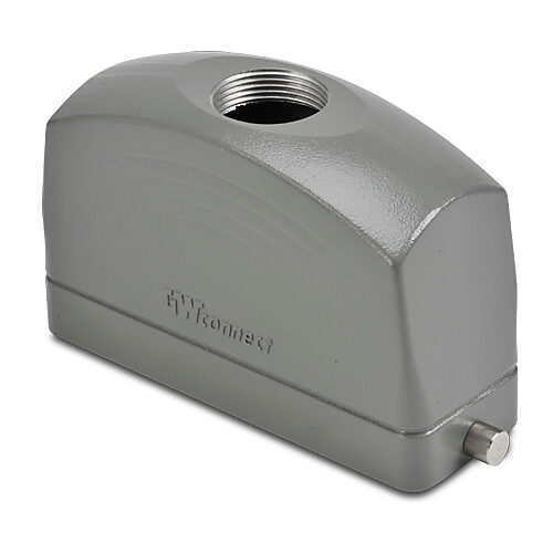 ZP-MC24B-2-STE21ML - ZIPport hood housing, 2-peg, top entry, connector housing size 24B, (1) Pg 21 threaded hole, high construction, gray, heavy-duty die cast aluminum. For use with ZIPport size 24B single lever connector housings.