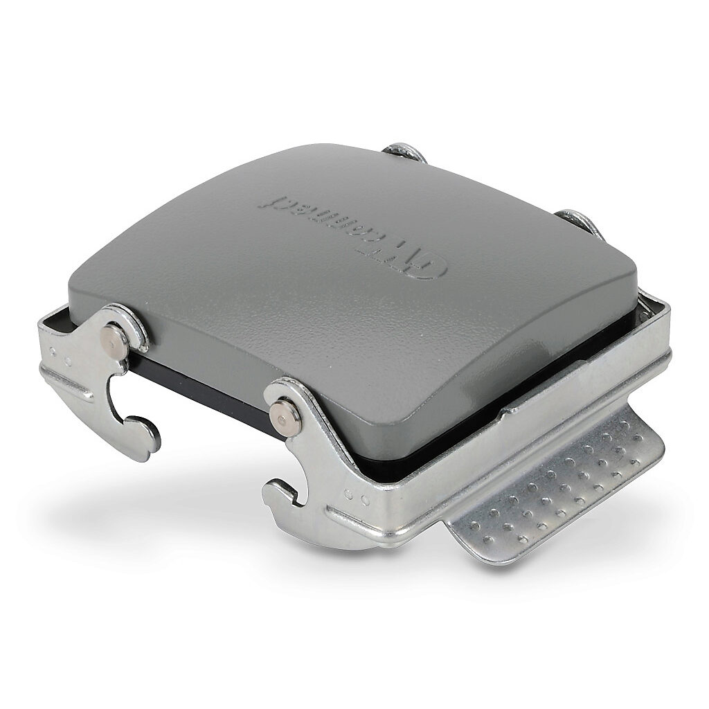 ZP-MC32B-2-DCVLM - ZIPport cover housing, double lever, connector housing size 32B, gray, heavy-duty die cast aluminum. For use with ZIPport size 32B 4-peg connector housings.