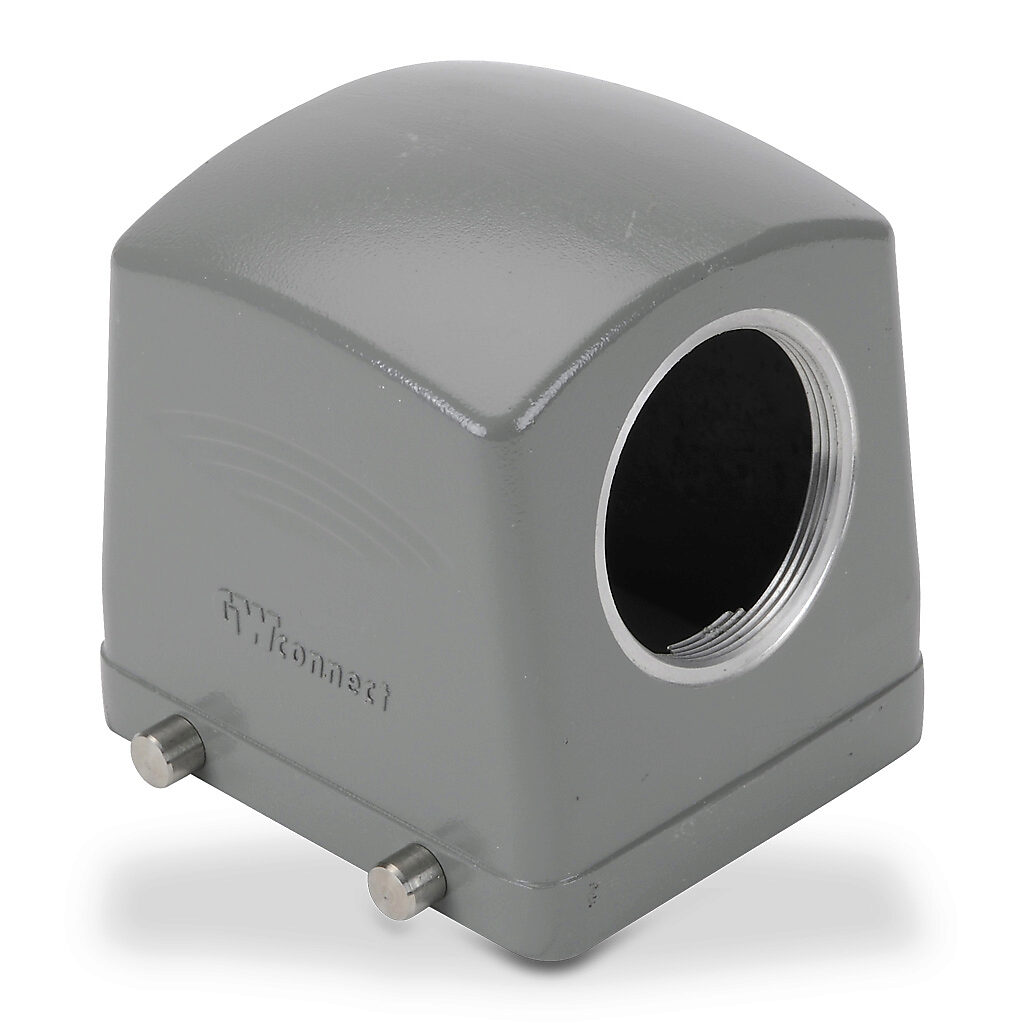 ZP-MC32B-2-DSE36M - ZIPport hood housing, 4-peg, side entry, connector housing size 32B, (1) Pg 36 threaded hole, gray, heavy-duty die cast aluminum. For use with ZIPport size 32B double lever connector housings.
