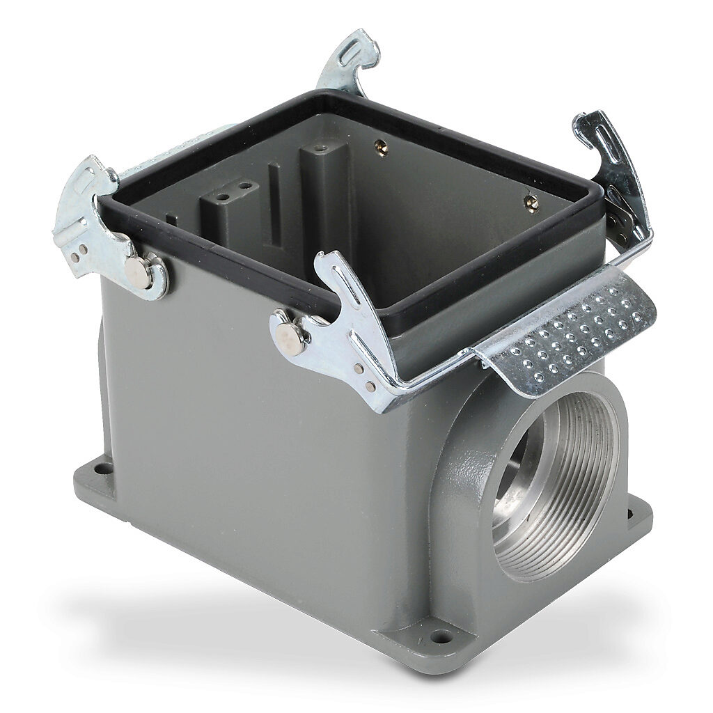 ZP-MC32B-2-DSM36M - ZIPport surface mount housing, double lever, connector housing size 32B, (2) Pg 36 threaded holes, gray, heavy-duty die cast aluminum. For use with ZIPport size 32B 4-peg connector housings.