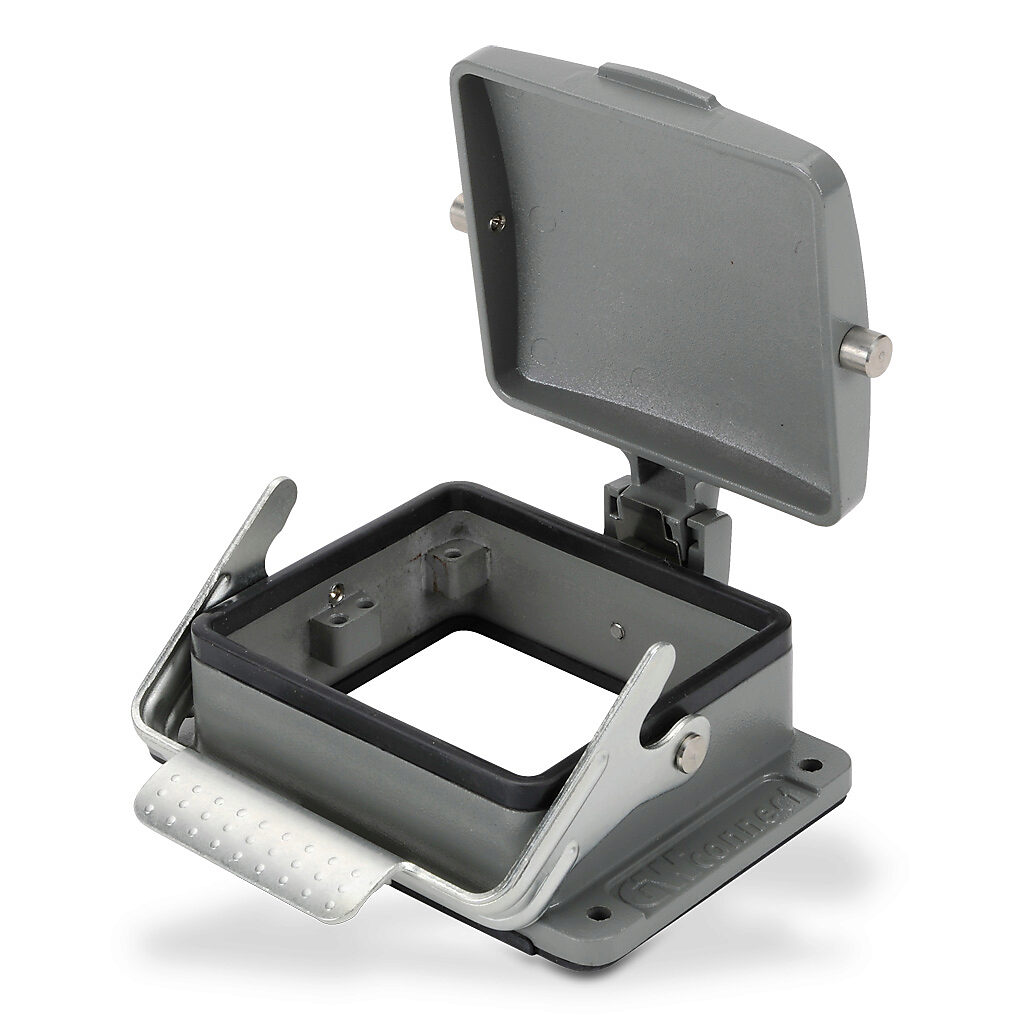 ZP-MC32B-2-SBHC - ZIPport bulkhead housing, single lever, automatic closing cover, connector housing size 32B, gray, heavy-duty die cast aluminum. For use with ZIPport size 32B 2-peg connector housings.