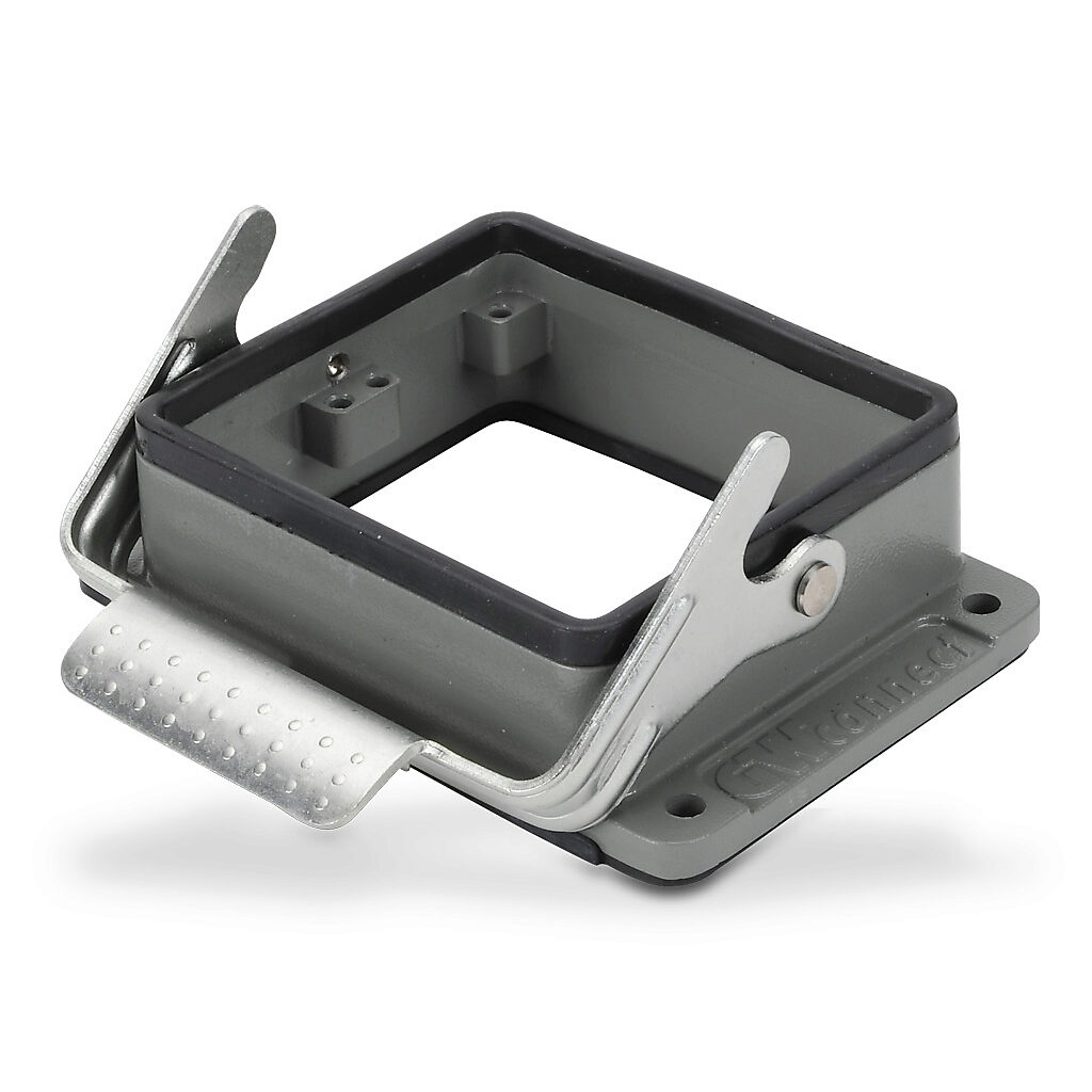 ZP-MC32B-2-SBHM - ZIPport bulkhead housing, single lever, connector housing size 32B, gray, heavy-duty die cast aluminum. For use with ZIPport size 32B 2-peg connector housings.