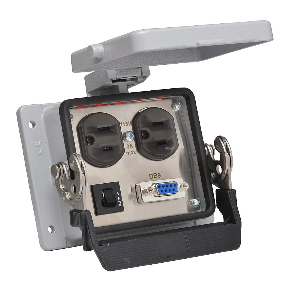 ZP-PDA-32-200 - ZIPport panel interface connector, duplex 120 VAC outlet, (1) 9-pin D-sub connector with female exterior/male interior, 3A circuit breaker.